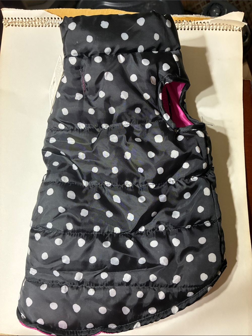 Black Polka Dot Puffer Dog Coat with Pink Lining